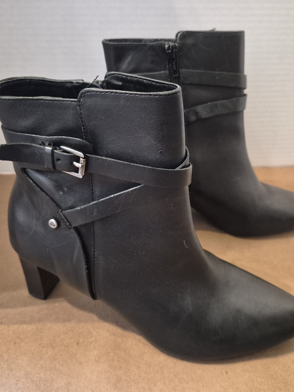 Lauren Ralph Lauren Black Leather Ankle Boots Size 6.5B Buckle Heel